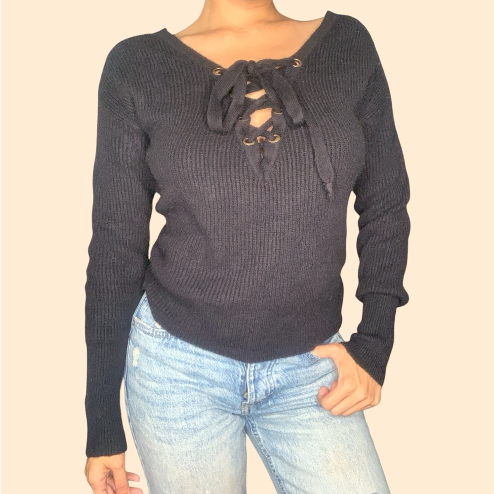 Black Long Sleeve Lace-Up Criss Cross Knit Sweater Size Medium Cute Goth
